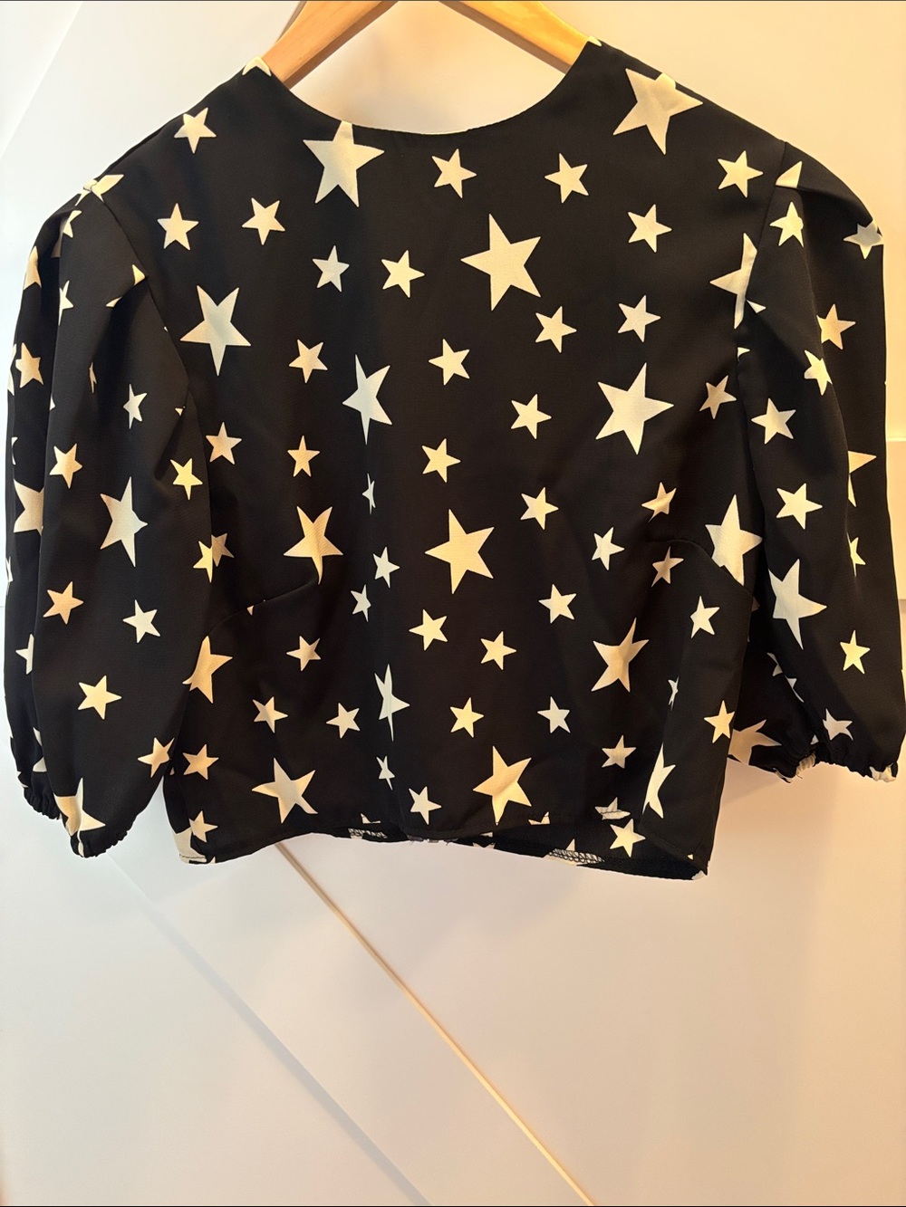 John Zack Black Star Print Top with Puff Sleeves